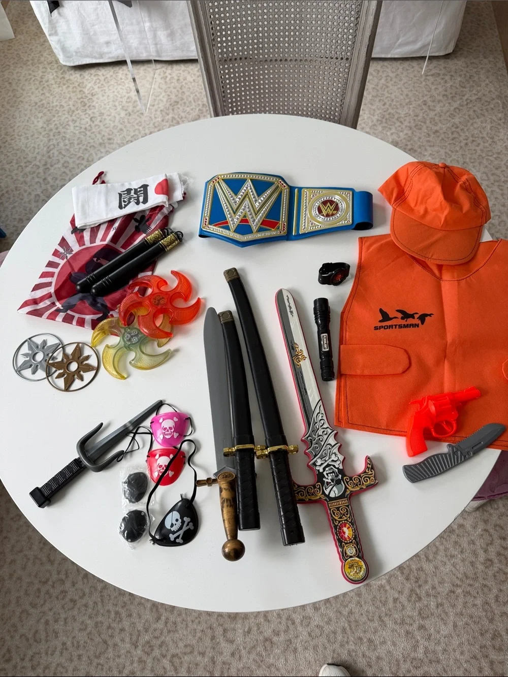 Boys play + dress up items, ninja, hunter, swords, wrestling belt, pirate